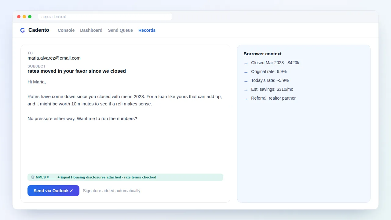 Cadento: compliant refi outreach draft