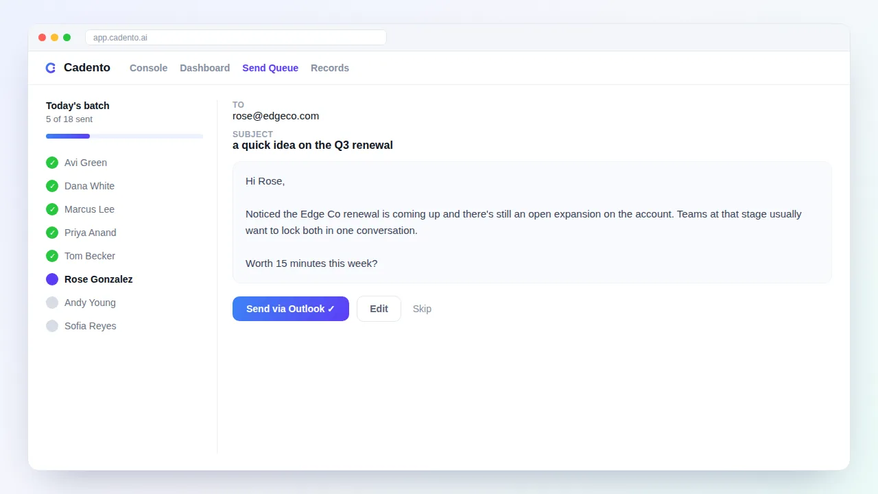 Cadento send queue: review and send in one click